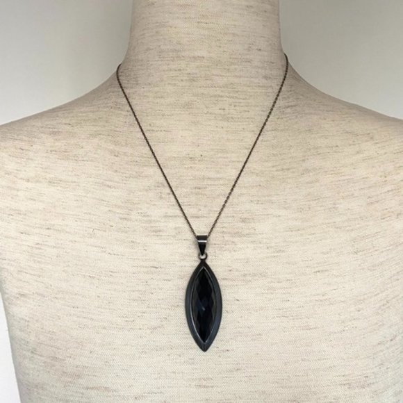 Sterling Silver 925 Oxidized Faceted Black Onyx Marquise Pendant Necklace 17.75" - Picture 3 of 16